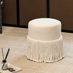 Tassel Round Ottoman in Off-White Fabric, French Accent Footstool Main Product Image