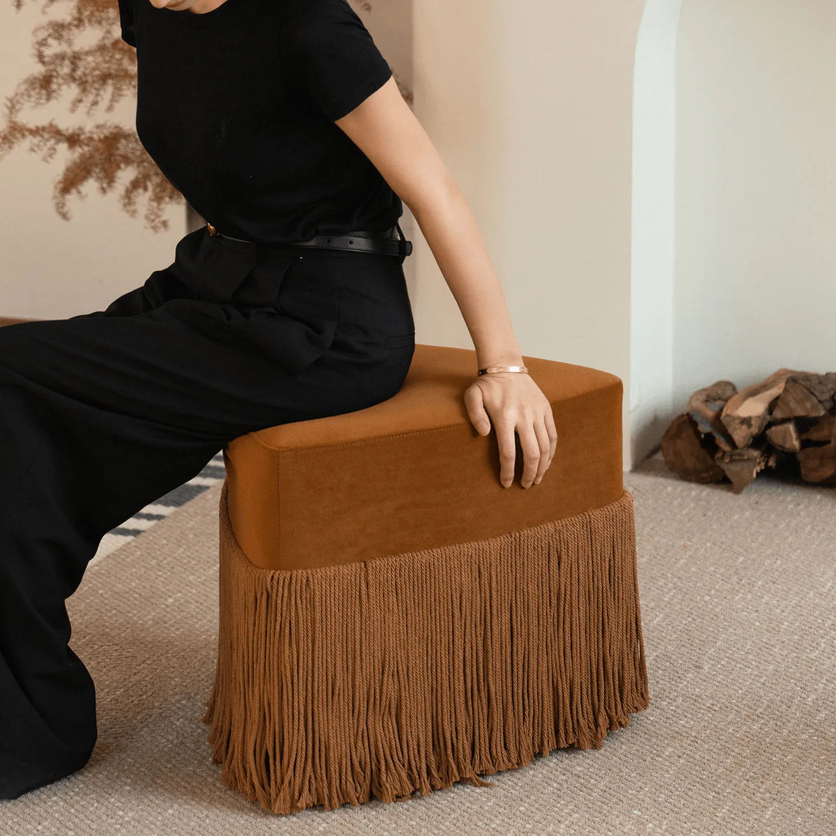 Tassel Sculptural Ottoman Stool in Cream Gray Caramel for Entryway