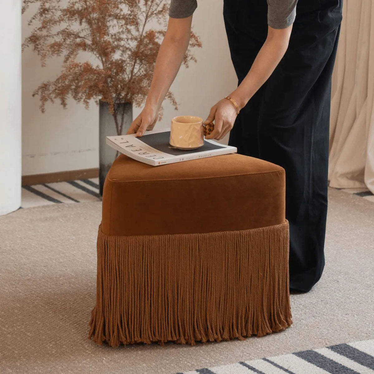 Tassel Sculptural Ottoman Stool in Cream Gray Caramel for Entryway