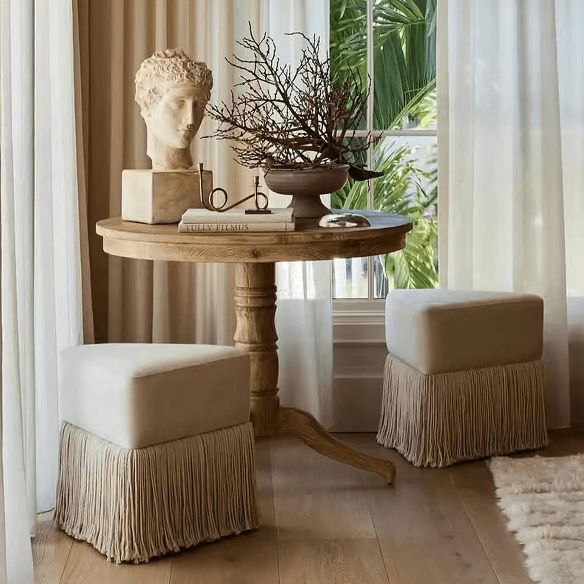 Tassel Sculptural Ottoman Stool in Cream Gray Caramel for Entryway