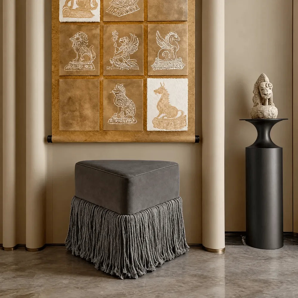 Tassel Sculptural Ottoman Stool in Cream Gray Caramel for Entryway