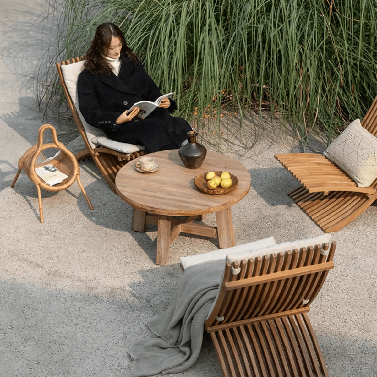 Teak Outdoor Lounge Chairs and Folding Tables with Cushioned Resort Style