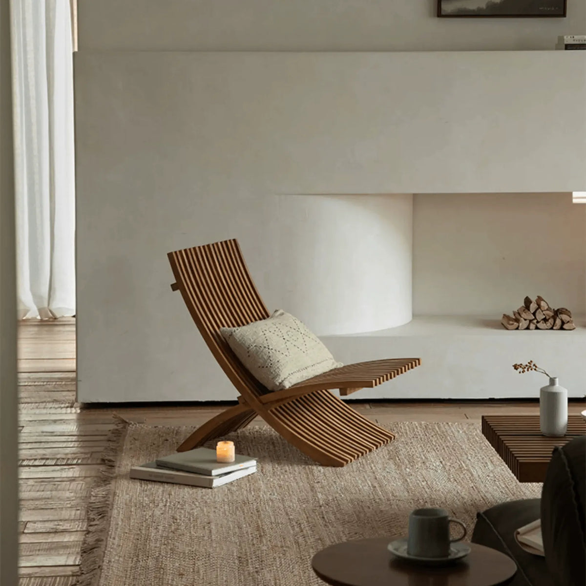 Teak Outdoor Lounge Chairs and Folding Tables with Cushioned Resort Style
