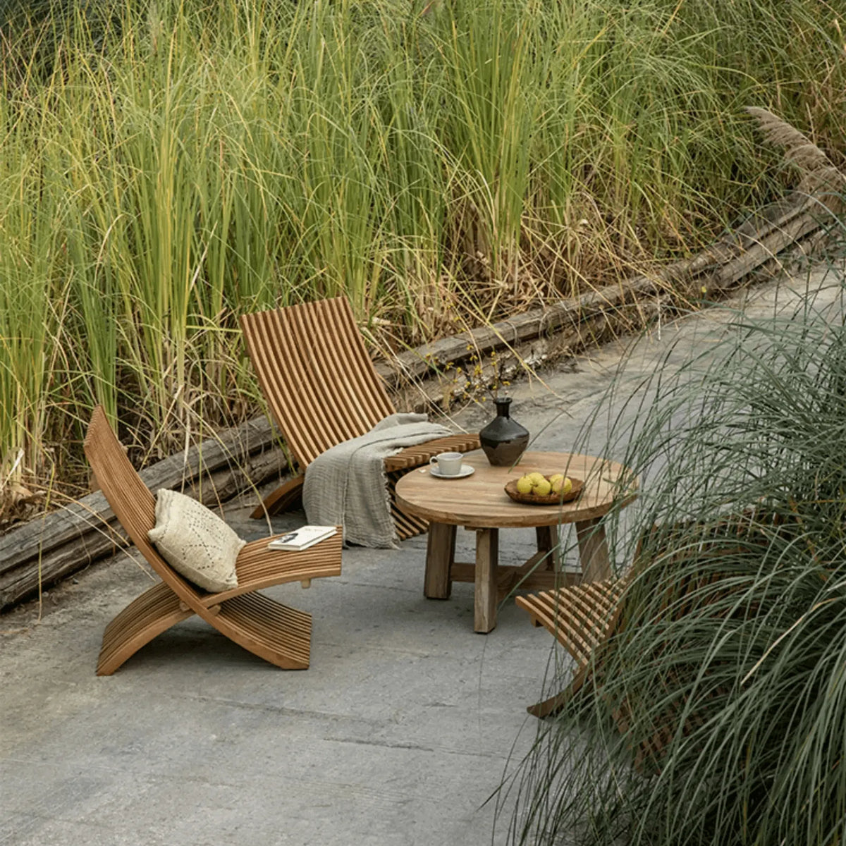 Teak Outdoor Lounge Chairs and Folding Tables with Cushioned Resort Style