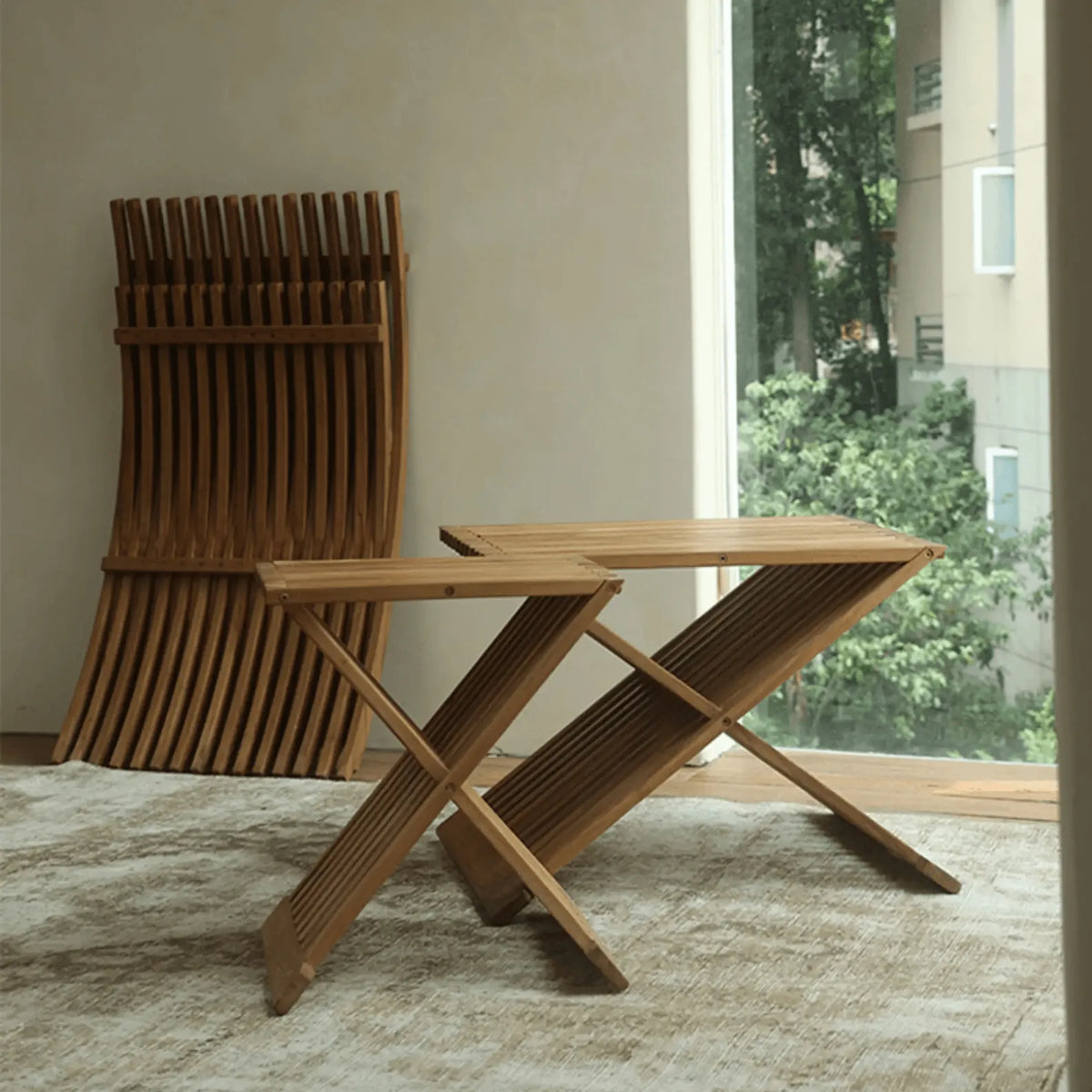 Teak Outdoor Lounge Chairs and Folding Tables with Cushioned Resort Style