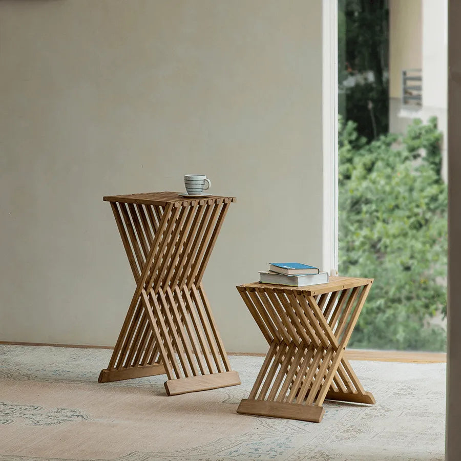 Teak Outdoor Lounge Chairs and Folding Tables with Cushioned Resort Style