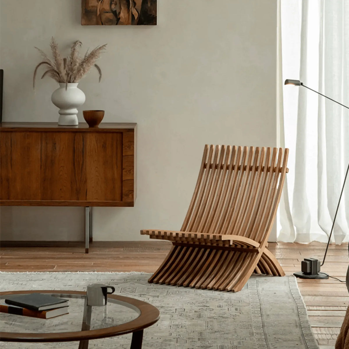 Teak Outdoor Lounge Chairs and Folding Tables with Cushioned Resort Style