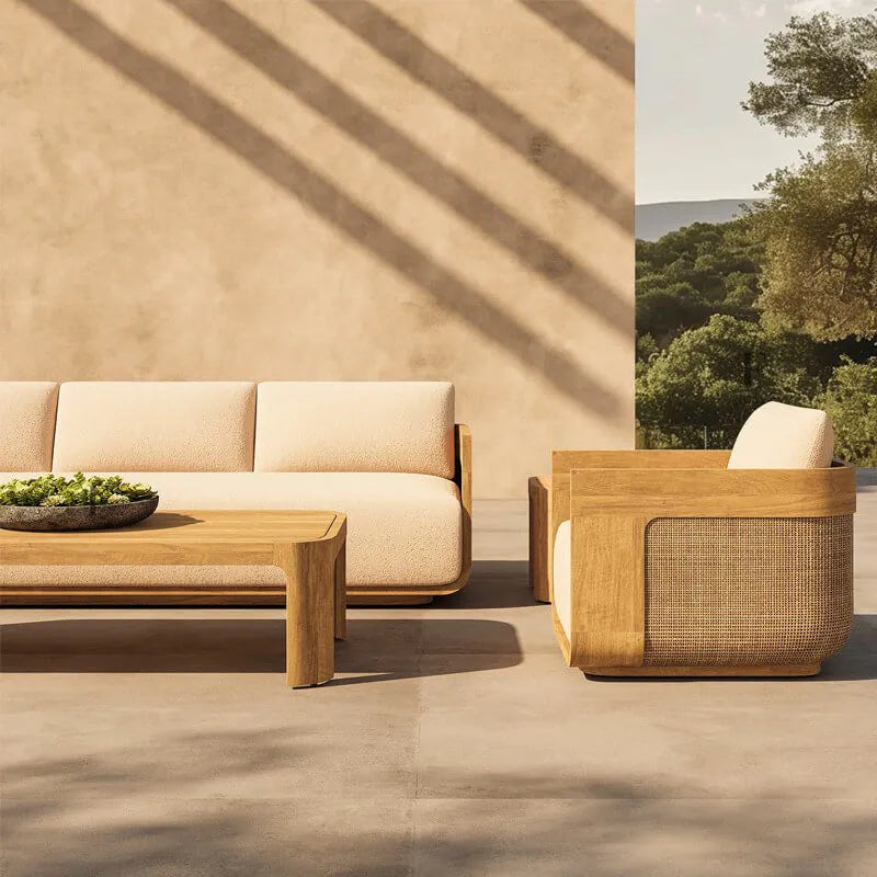 Teak Outdoor Sofa Conversation Set with PE Woven Frame and Coffee Table