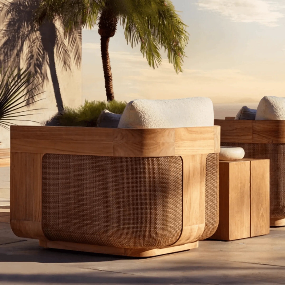 Teak Outdoor Sofa Conversation Set with PE Woven Frame and Coffee Table