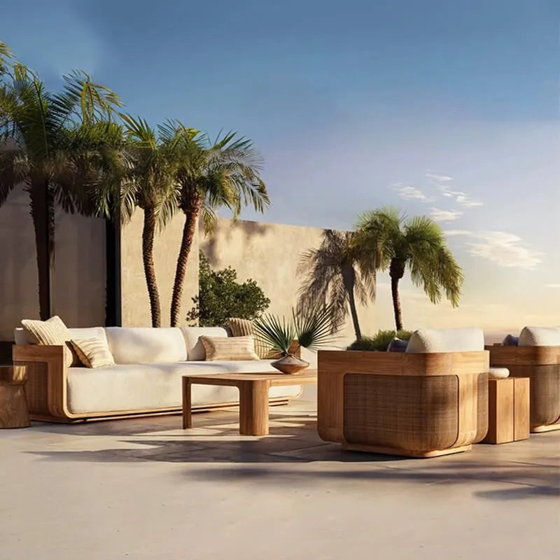 Teak Outdoor Sofa Conversation Set with PE Woven Frame and Coffee Table