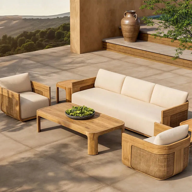 Teak Outdoor Sofa Conversation Set with PE Woven Frame and Coffee Table