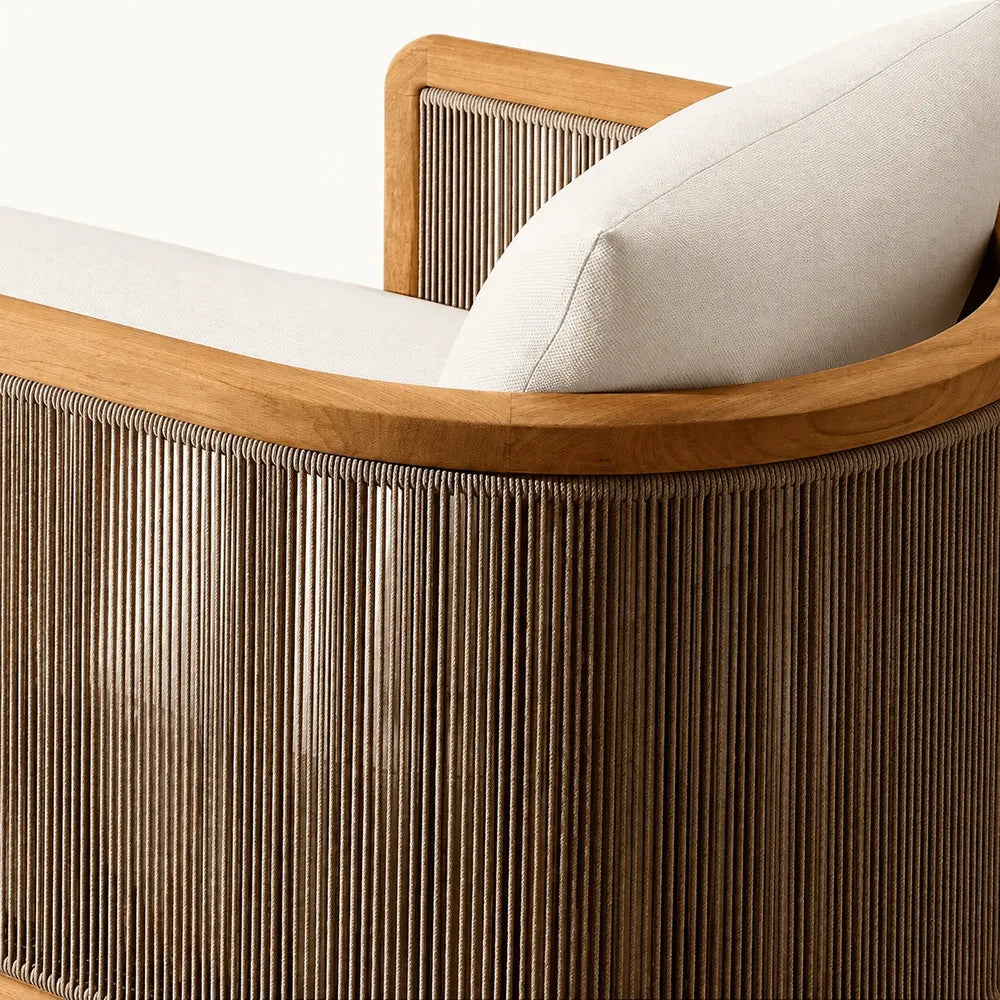 Teak Outdoor Sofa Set with Curved Woven Frames and Round Table