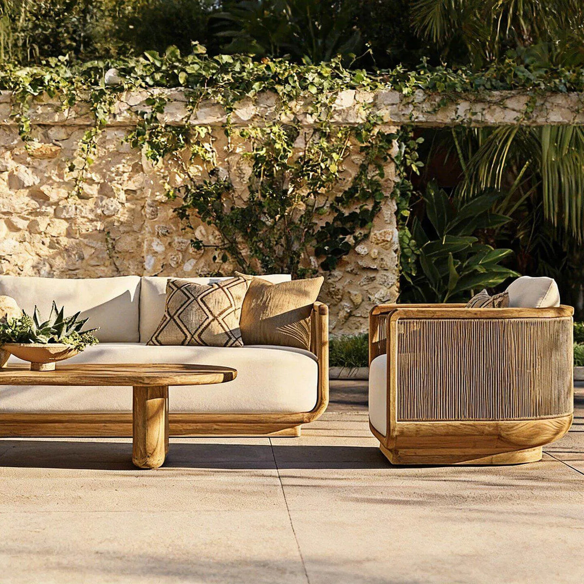 Teak Outdoor Sofa Set with Curved Woven Frames and Round Table