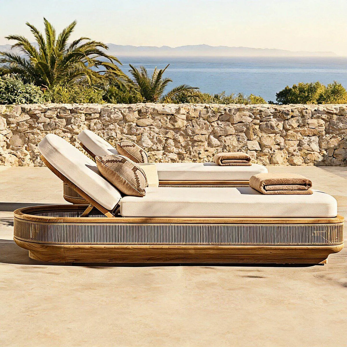 Teak Outdoor Sofa Set with Curved Woven Frames and Round Table
