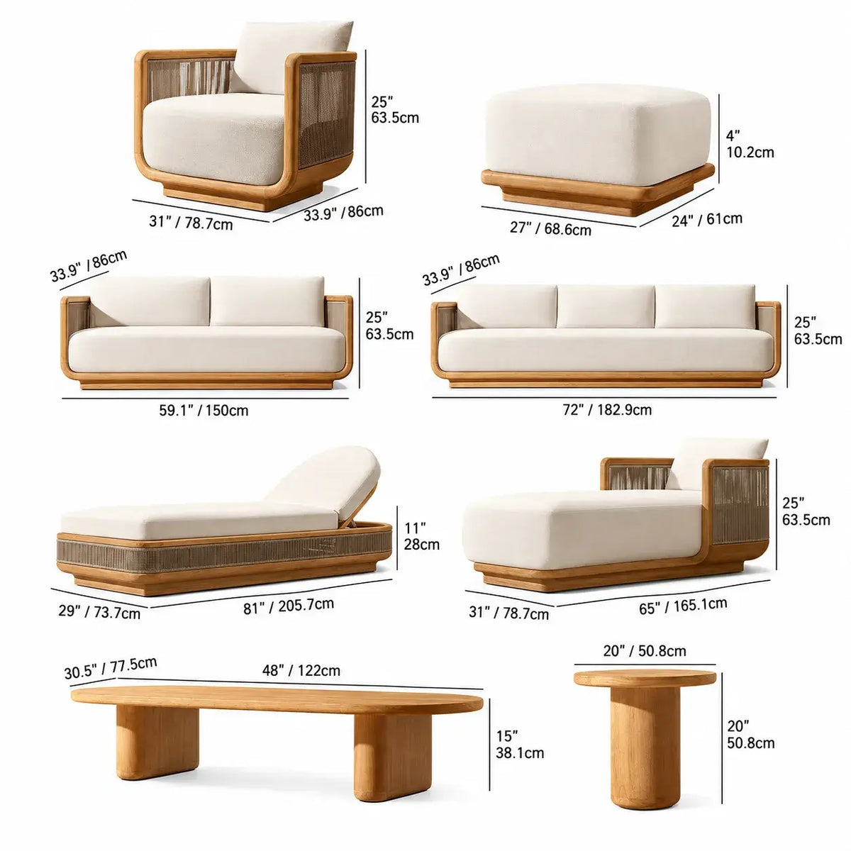 Teak Outdoor Sofa Set with Curved Woven Frames and Round Table Dimensions