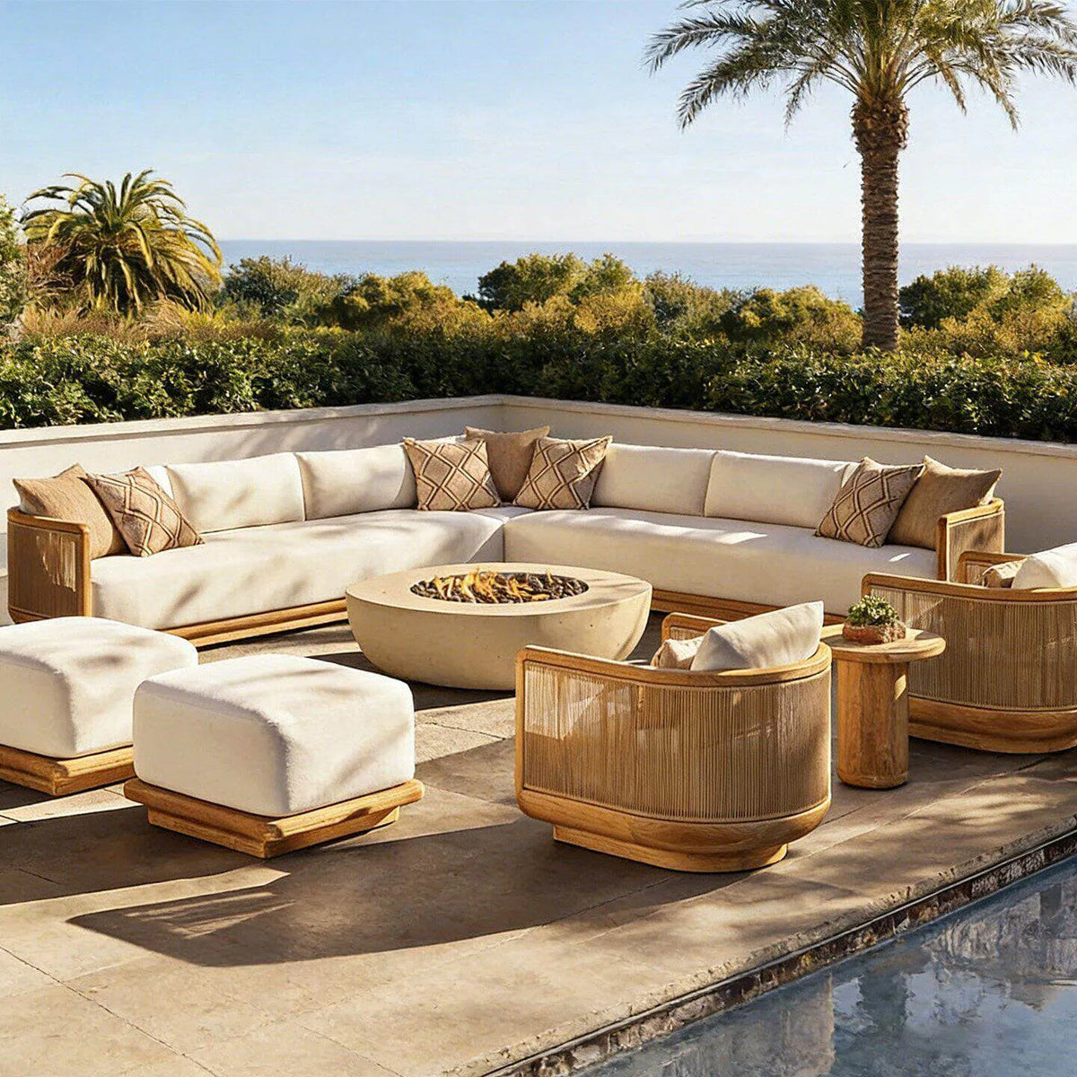 Teak Outdoor Sofa Set with Curved Woven Frames and Round Table Main Product Image Image principale du produit