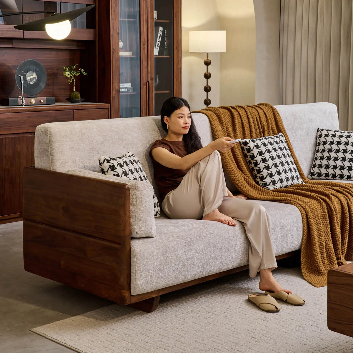 Teak Sofa Set with Deep Seats, Rounded Solid Wood Frame for Living Room