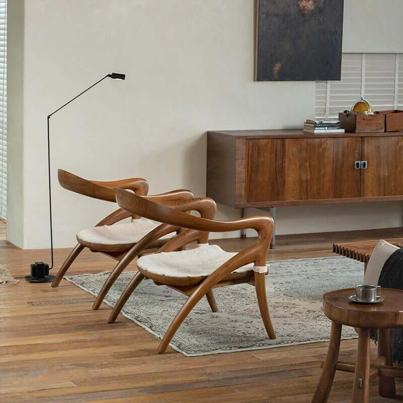 Teak Wood Comfy Accent Chair With Sherpa Fabric Cushion