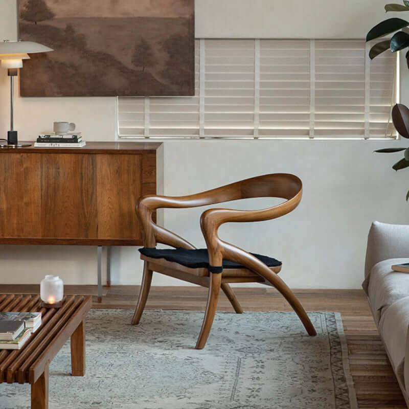 Teak Wood Comfy Accent Chair With Sherpa Fabric Cushion