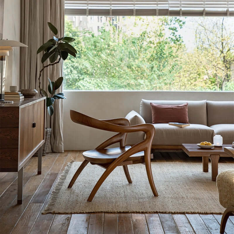 Teak Wood Comfy Accent Chair With Sherpa Fabric Cushion