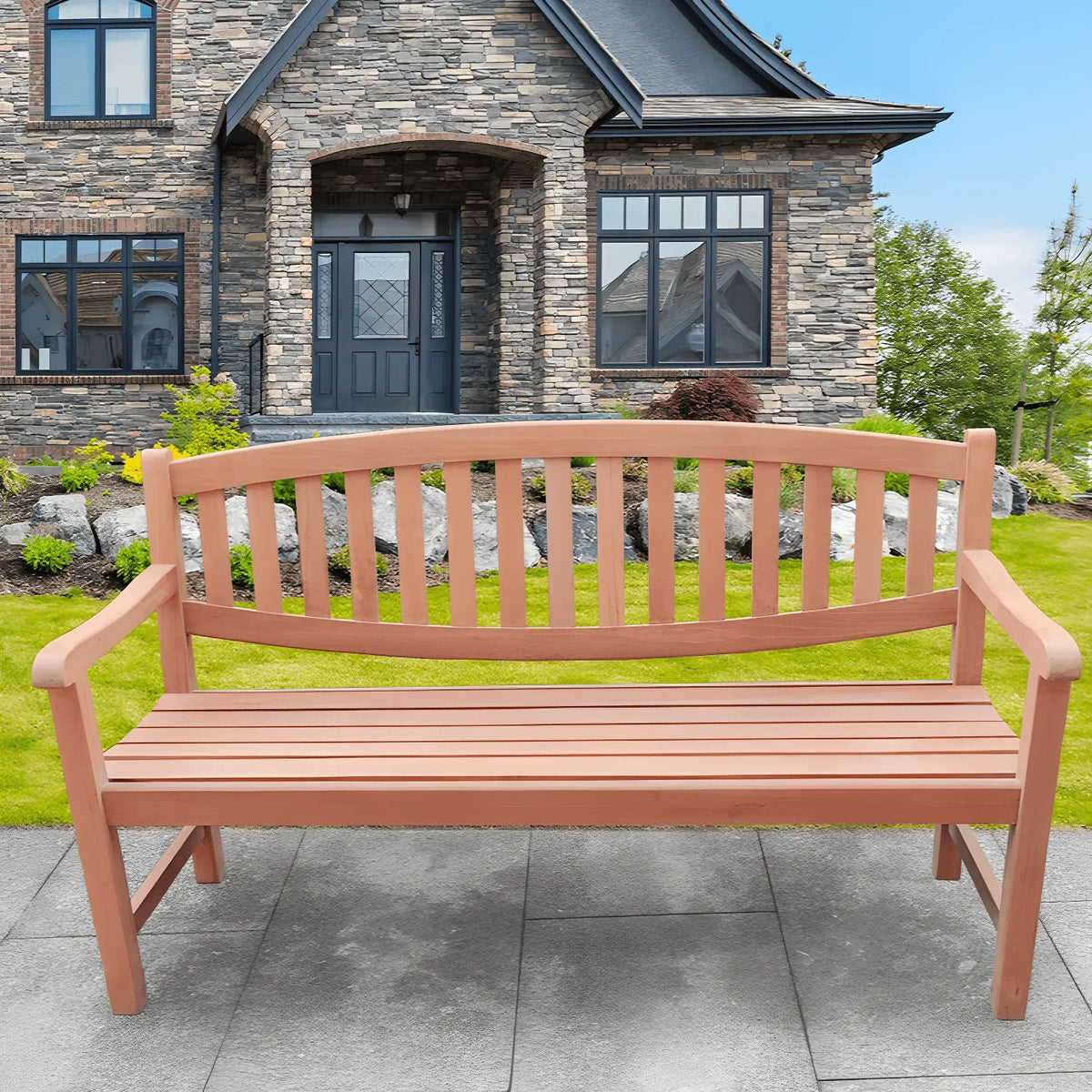 Teak Wood Outdoor Lounge Bench with Mortise-Tenon Frame, Classic Garden Park Seating Main Product Image