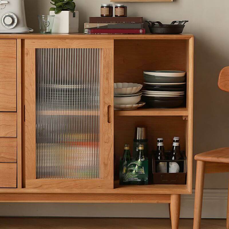 Tempered Glass Door Sideboard with Cherry Wood Finish