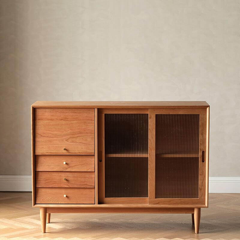 Tempered Glass Door Sideboard with Cherry Wood Finish