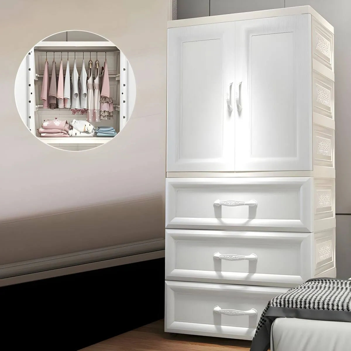 Textured Corner Wardrobe Armoire With Drawers and Hanging Rod