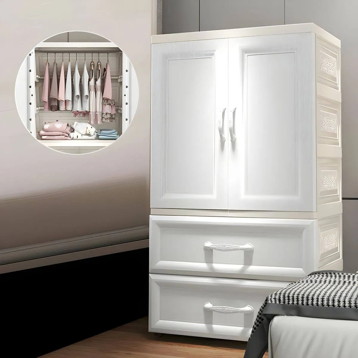 Textured Corner Wardrobe Armoire With Drawers and Hanging Rod