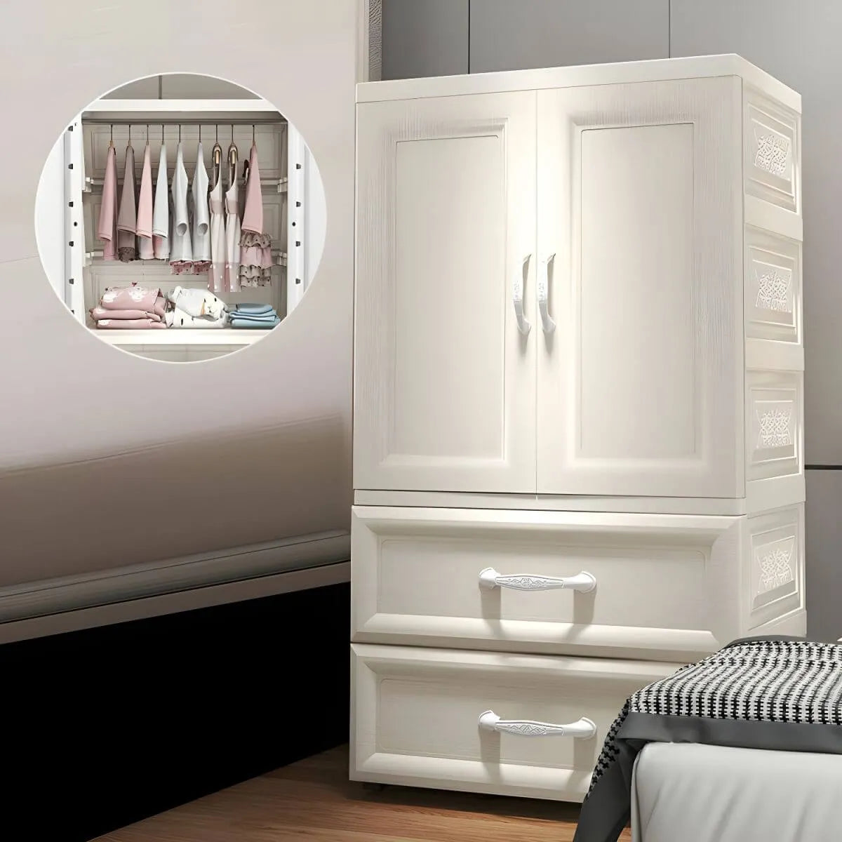 Textured Corner Wardrobe Armoire With Drawers and Hanging Rod