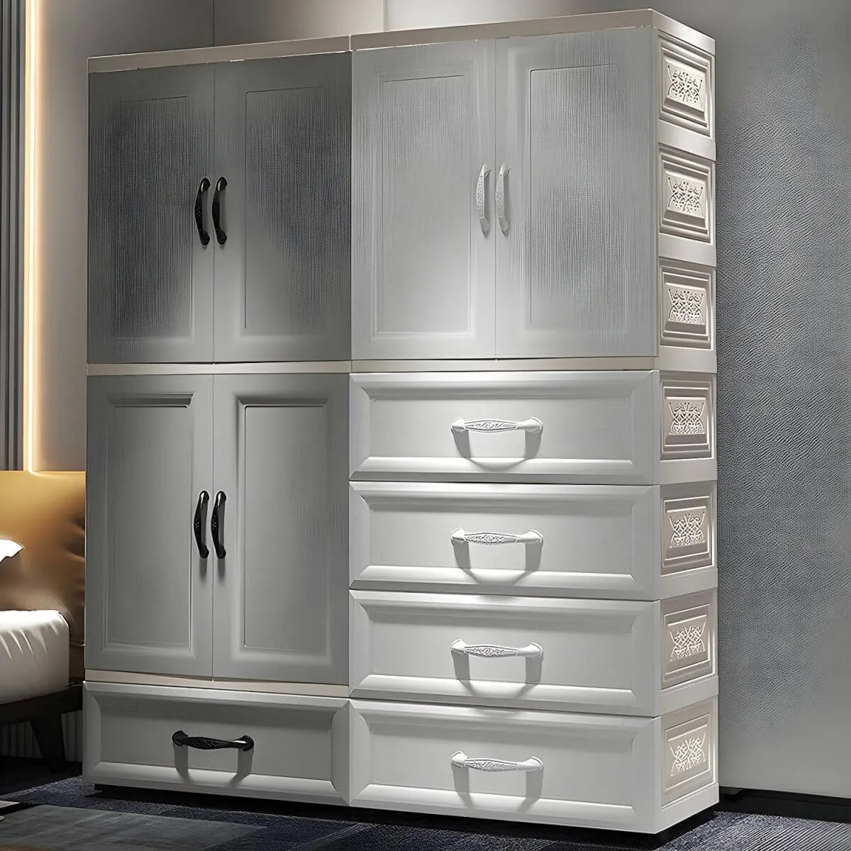 Textured Corner Wardrobe Armoire With Drawers and Hanging Rod