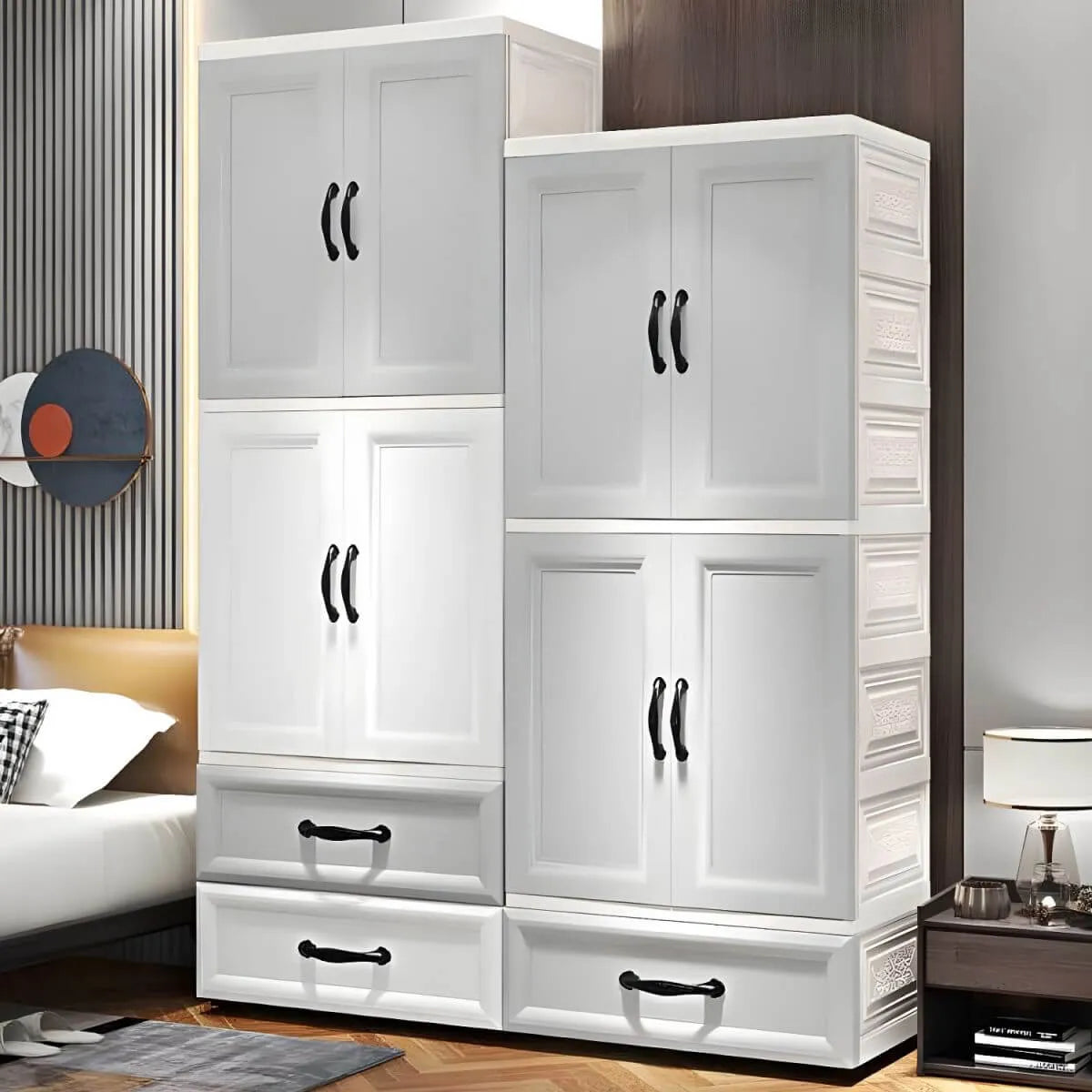 Textured Corner Wardrobe Armoire With Drawers and Hanging Rod