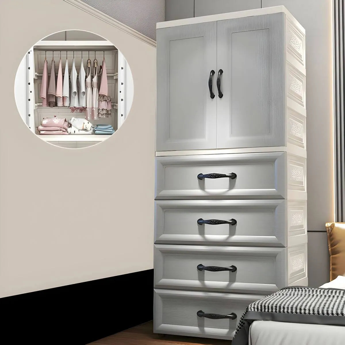 Textured Corner Wardrobe Armoire With Drawers and Hanging Rod