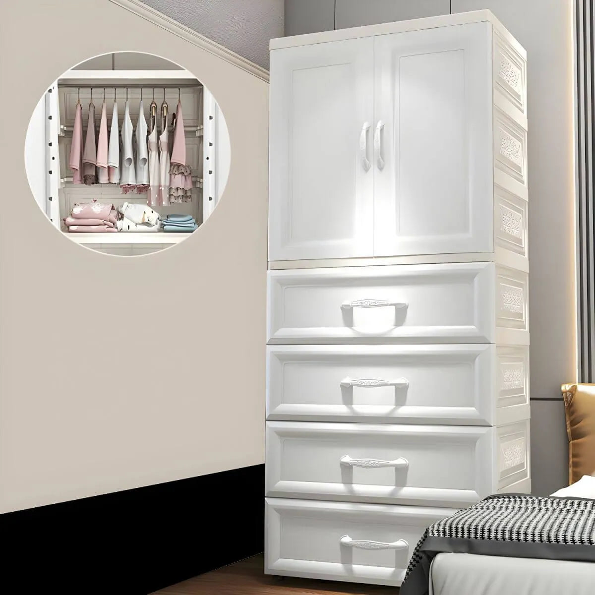 Textured Corner Wardrobe Armoire With Drawers and Hanging Rod