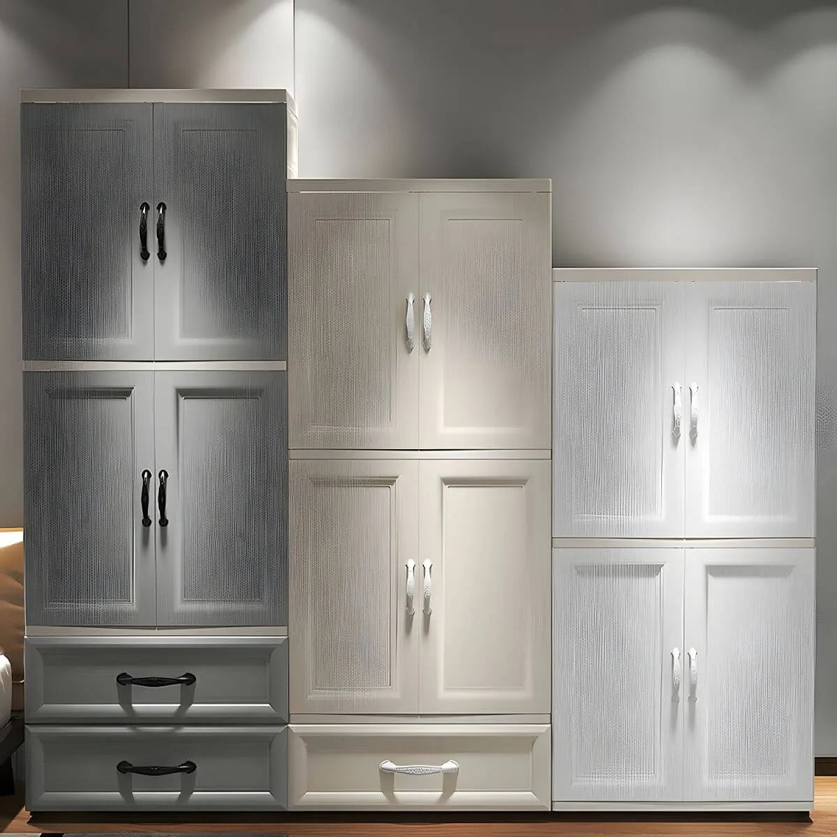 Textured Corner Wardrobe Armoire With Drawers and Hanging Rod