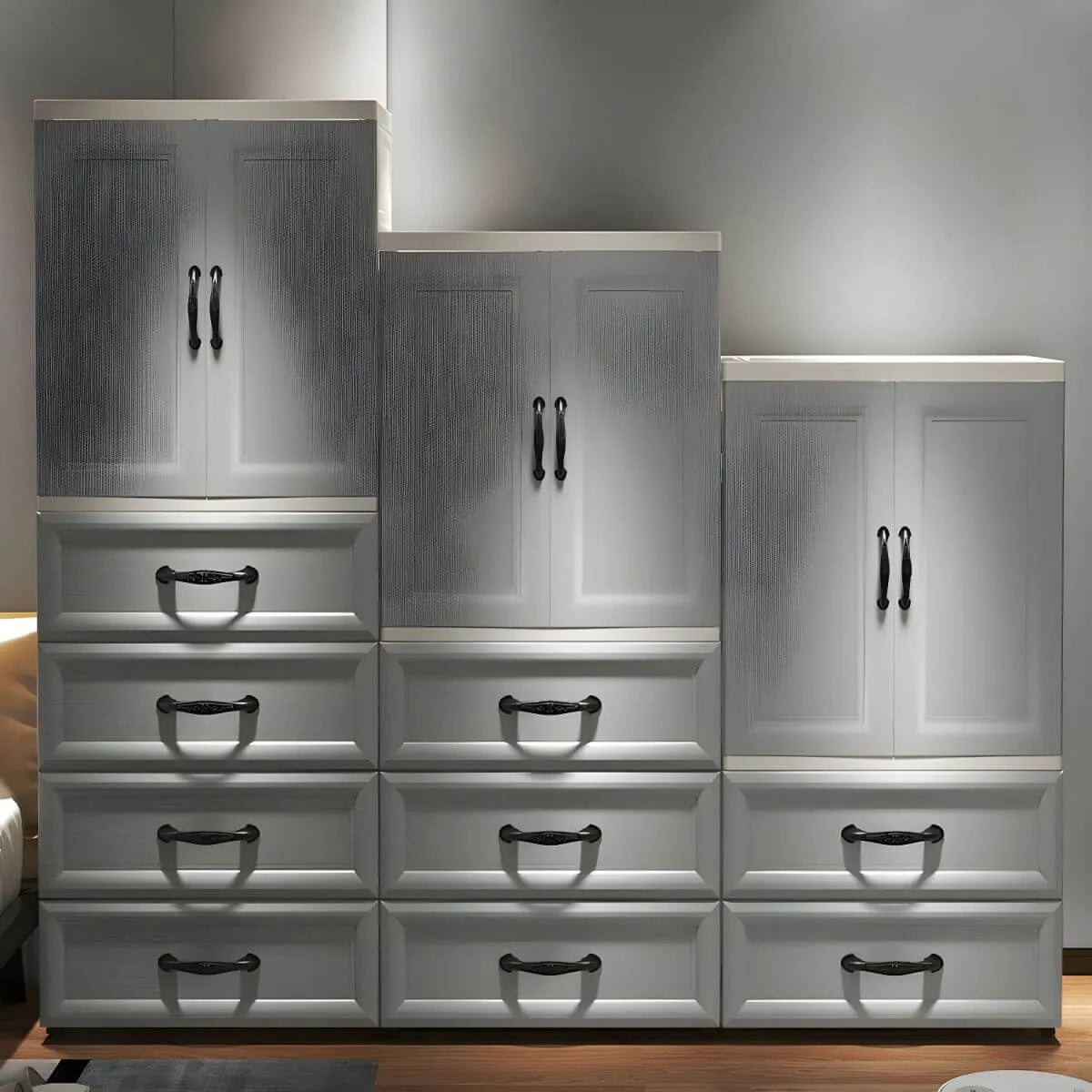 Textured Corner Wardrobe Armoire With Drawers and Hanging Rod