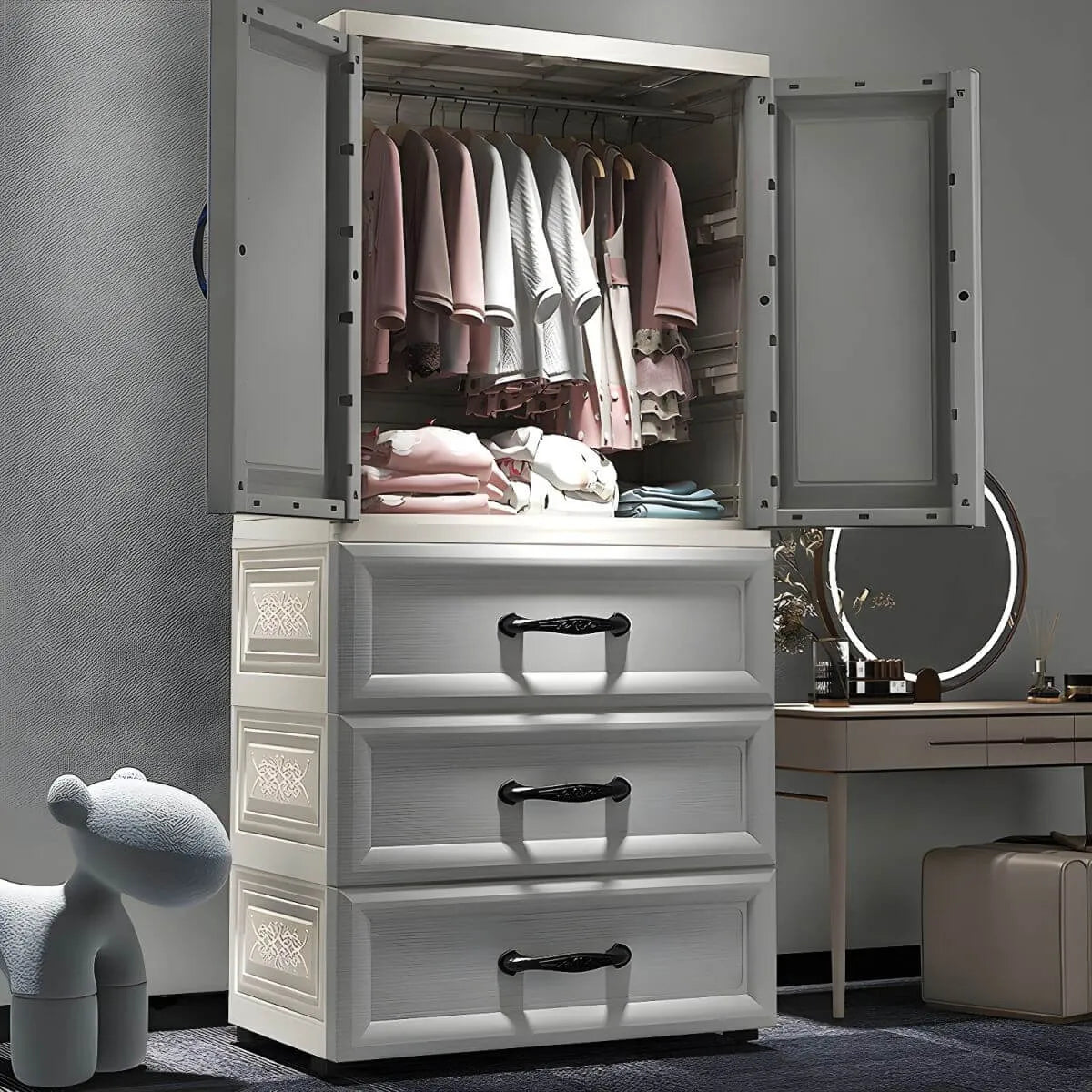 Textured Corner Wardrobe Armoire With Drawers and Hanging Rod Secondary image