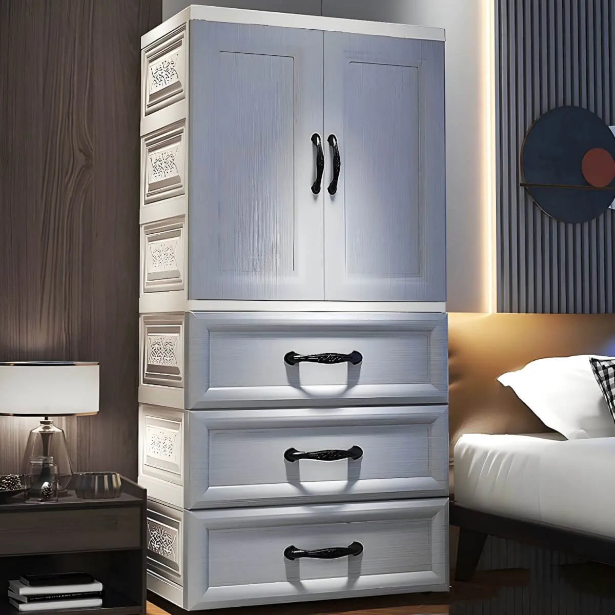 Textured Corner Wardrobe Armoire With Drawers and Hanging Rod Main Product Image