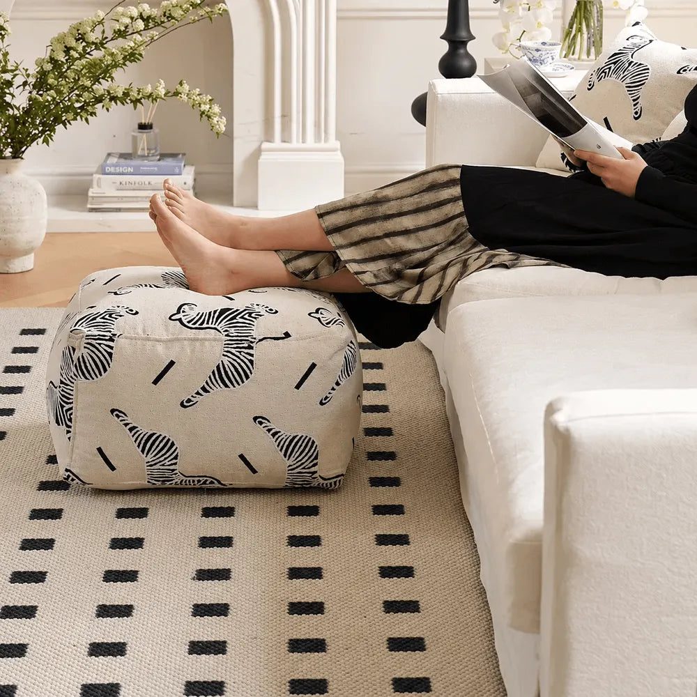 Textured Embroidered Ottoman With Rounded Cube Form for Living Room