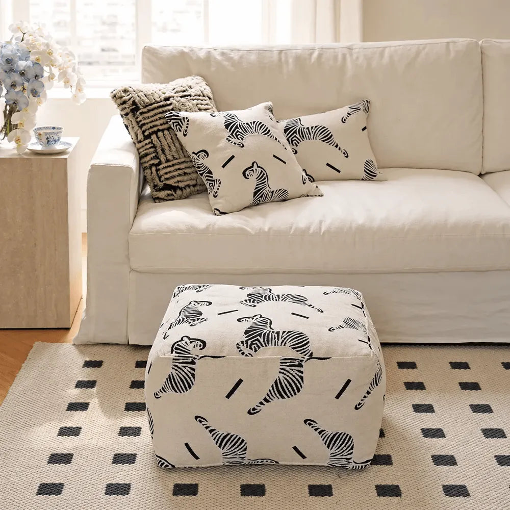 Textured Embroidered Ottoman With Rounded Cube Form for Living Room