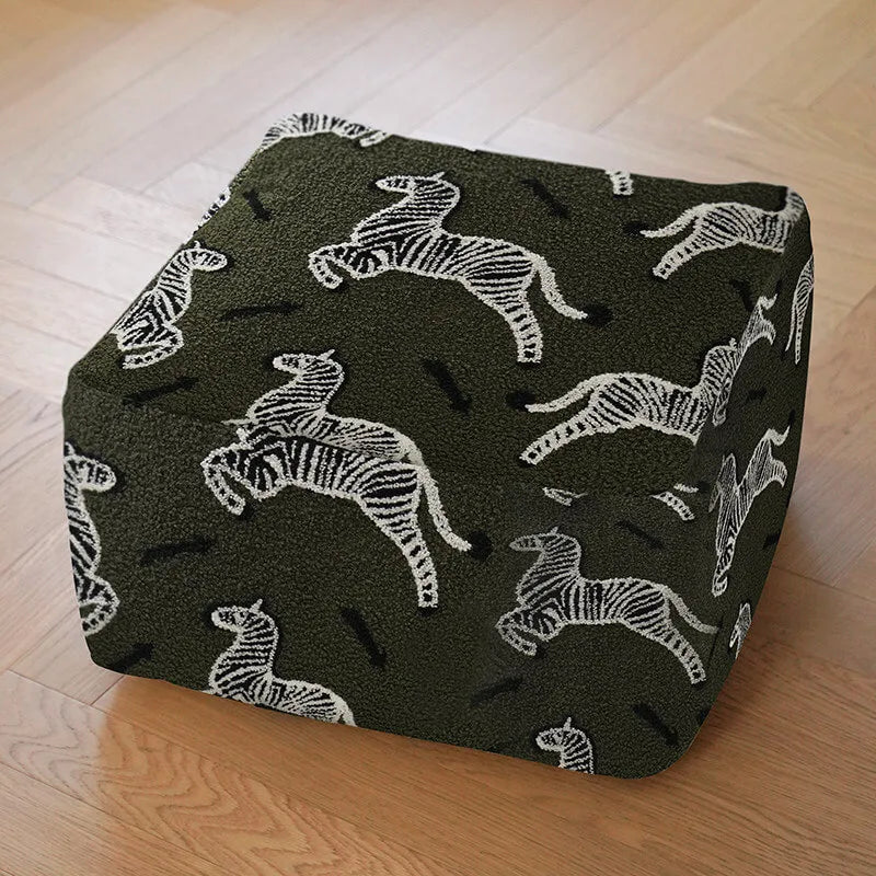 Textured Embroidered Ottoman With Rounded Cube Form for Living Room