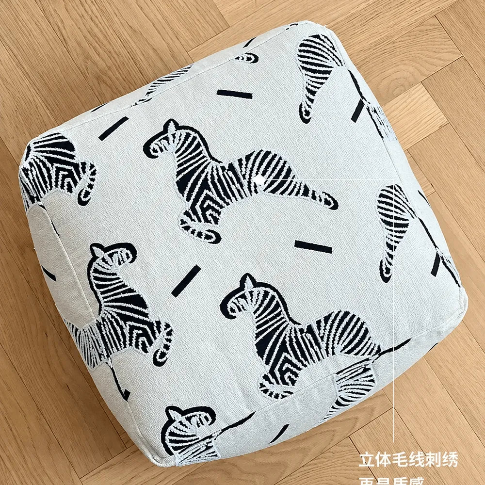 Textured Embroidered Ottoman With Rounded Cube Form for Living Room