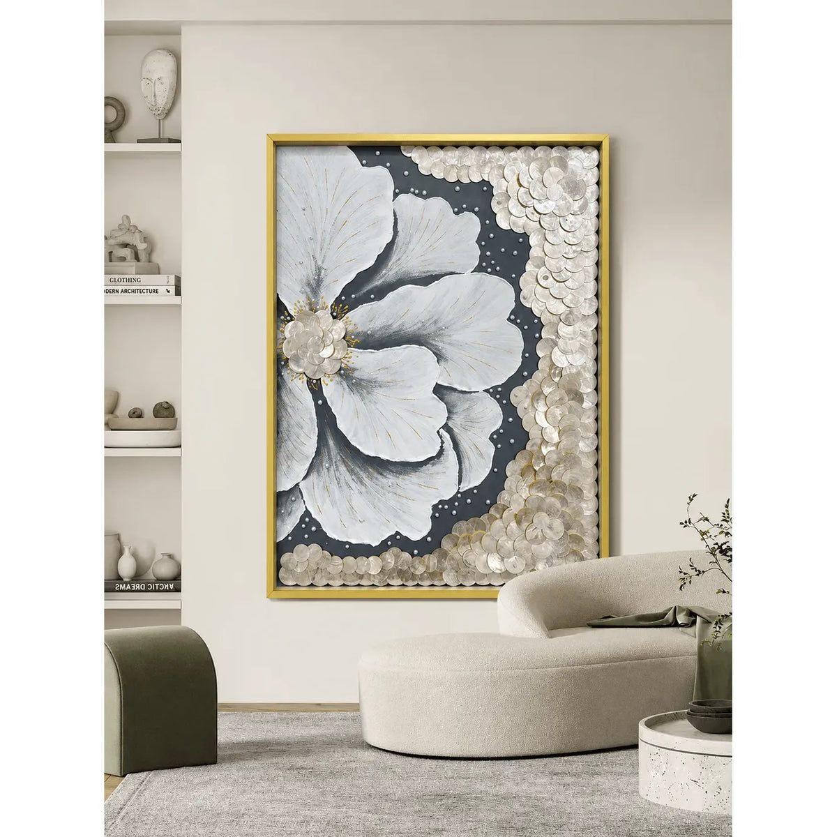 Textured Floral Mother of Pearl Wall Art Series with Gold Frame