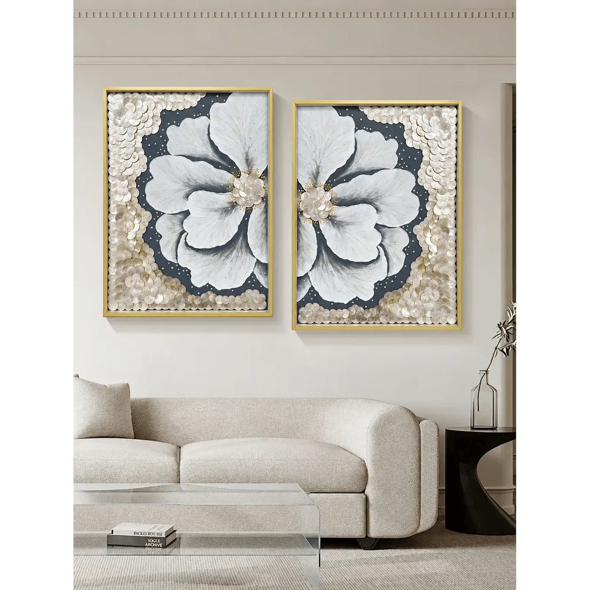 Textured Floral Mother of Pearl Wall Art Series with Gold Frame