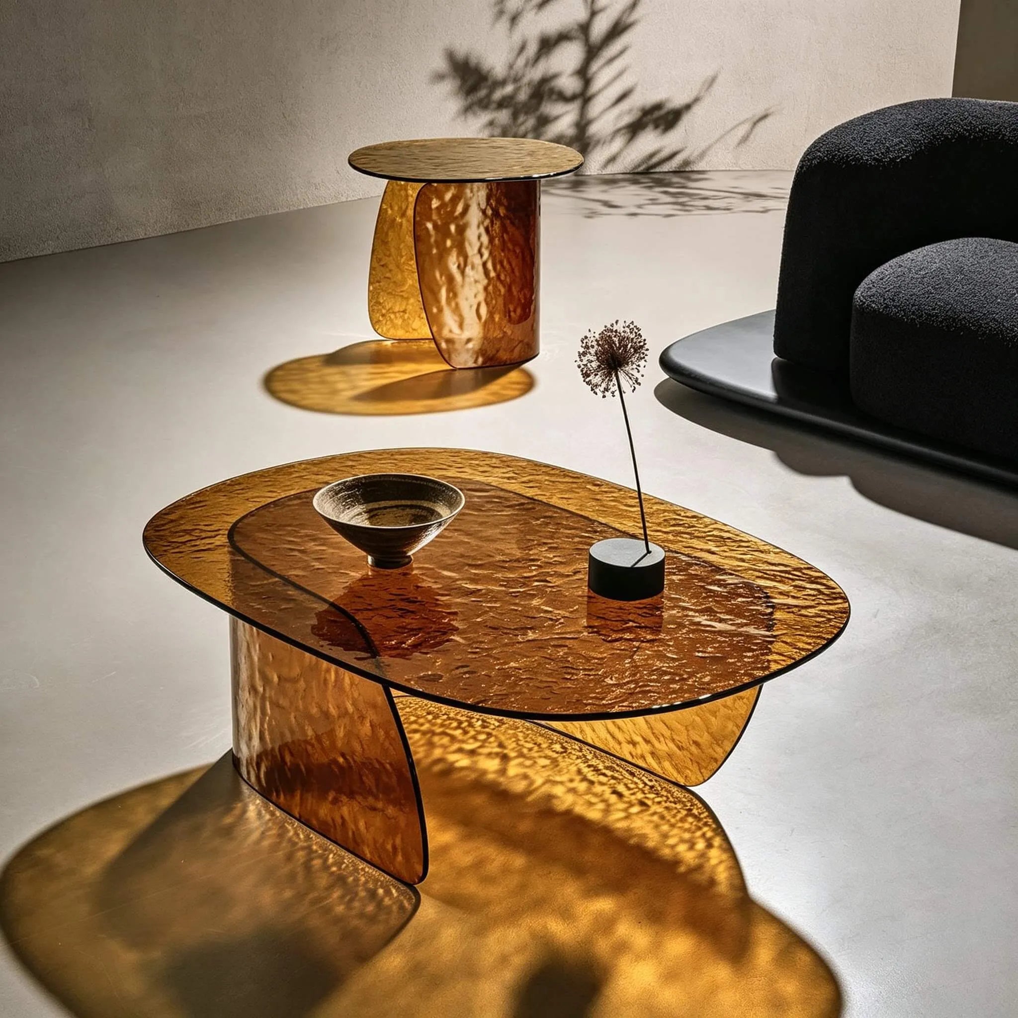 Textured Glass Coffee Table Series with Sculptural Curves and Nesting Accent Table Secondary image
