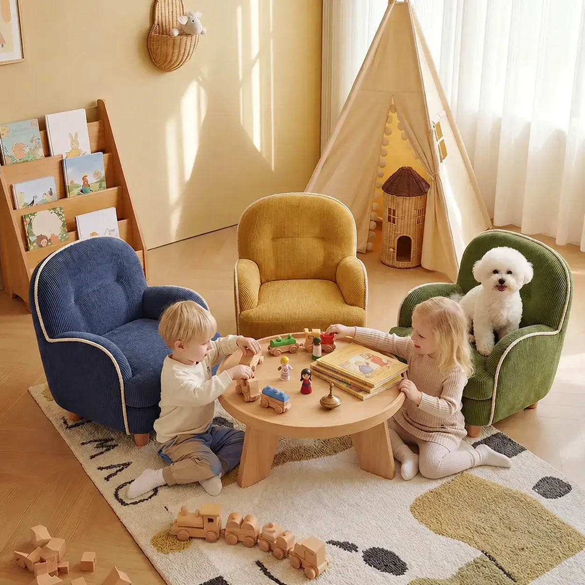Textured Pudding Accent Chair with Rounded Arms for Cozy Kids Corners