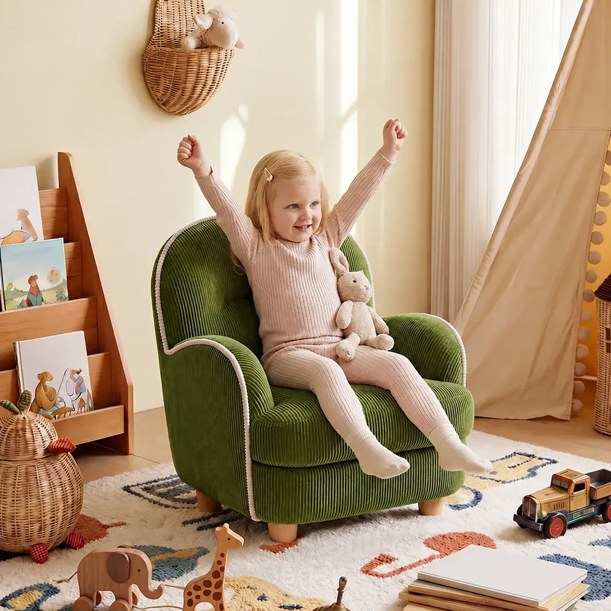 Textured Pudding Accent Chair with Rounded Arms for Cozy Kids Corners