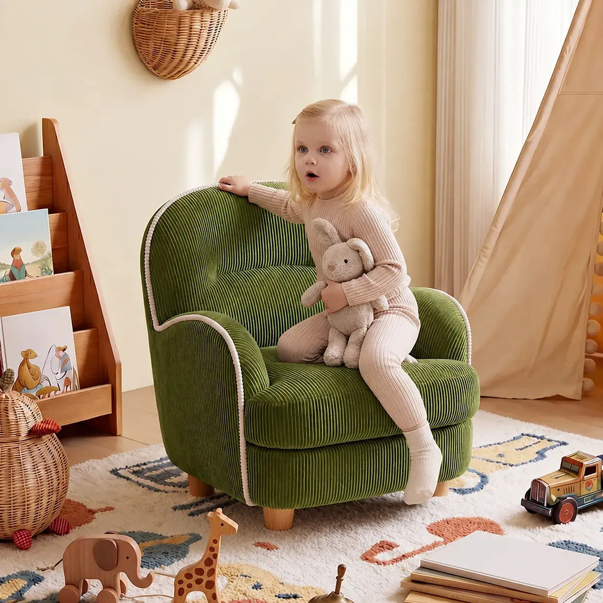 Textured Pudding Accent Chair with Rounded Arms for Cozy Kids Corners