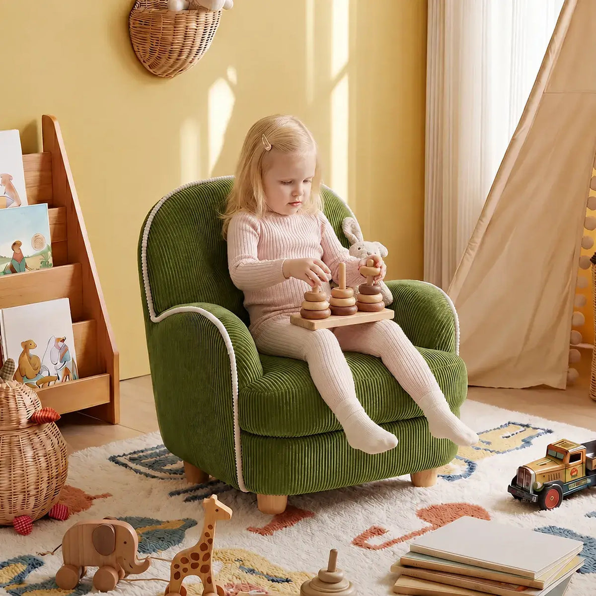 Textured Pudding Accent Chair with Rounded Arms for Cozy Kids Corners