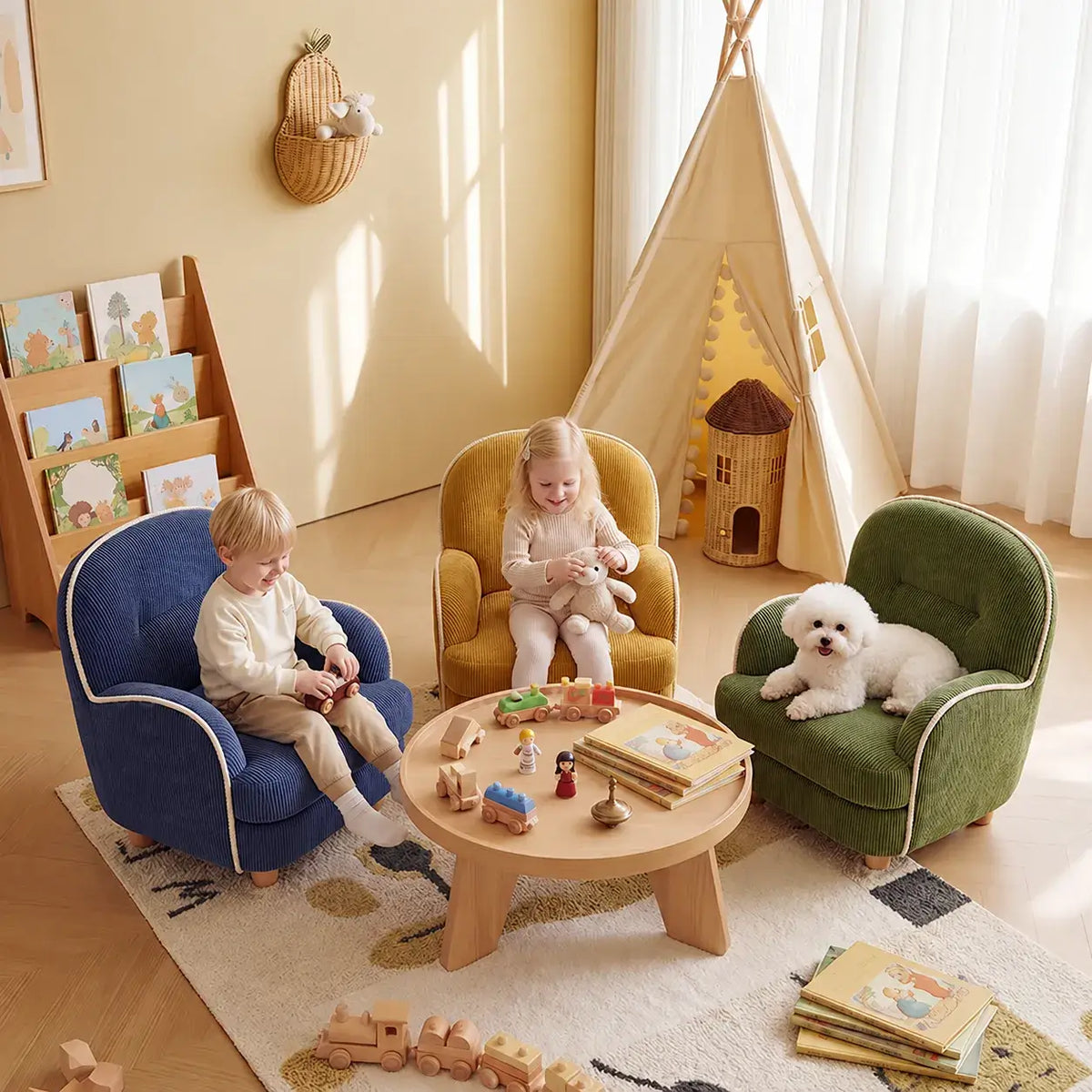Textured Pudding Accent Chair with Rounded Arms for Cozy Kids Corners